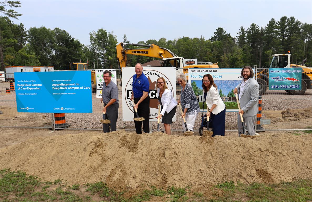 Pictured here on August 2, 2024 breaking ground for the new Four Seasons Lodge Long-Term Care Home at Deep River and District Health (DRDH) are David Cox - DRDH Board Chair, John Yakabuski - MPP for Renfrew-Nipissing-Pembroke, Minister of Long-Term Care Natalia Kusendova-Bashta, Brenda – Four Seasons Lodge Resident, Janna Hotson – DRDH President and CEO, and William Willard – DRDH Executive Vice President and CFO.